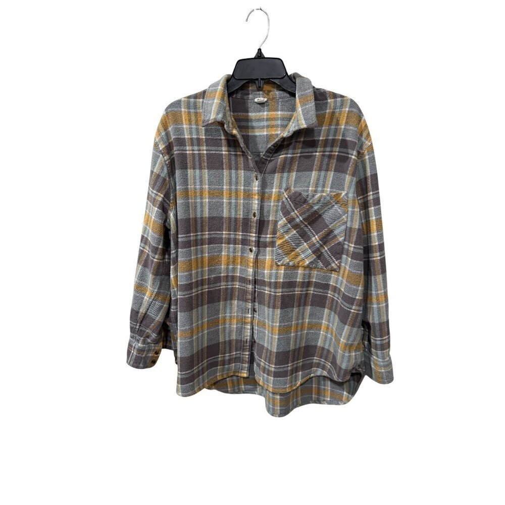 Aerie Womens Plaid Flannel Button-Up Shirt Yellow & Gray Size XL